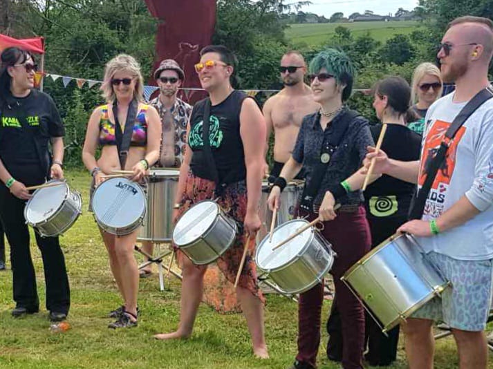 Drummers at a samba drumming workshop in Gloucestershire.
