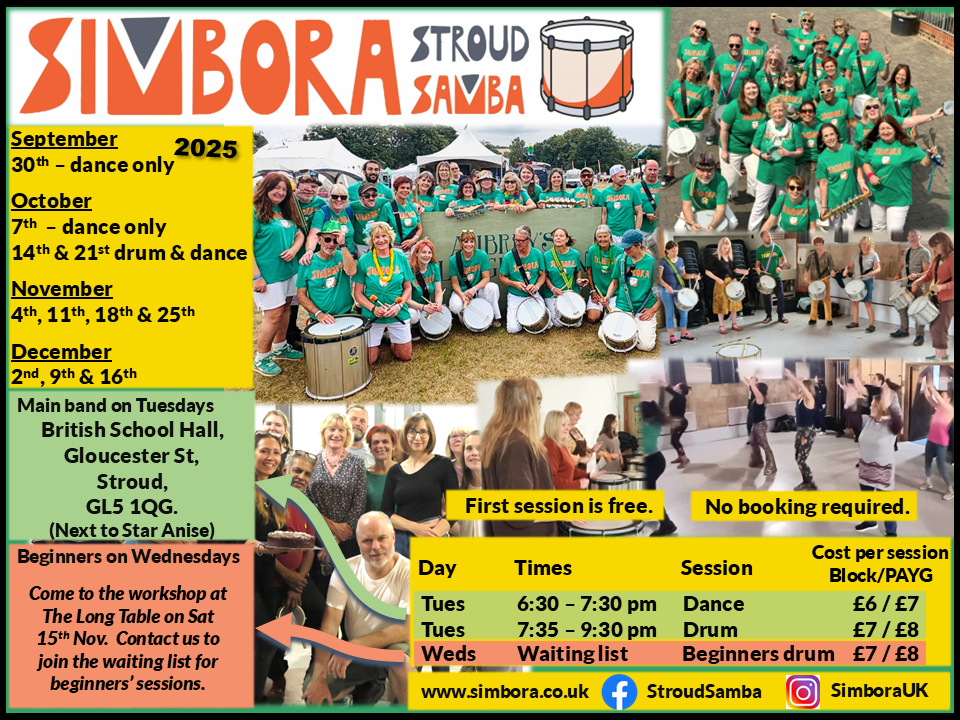 Poster showing the dates and times for Simbora Stroud Samba dance and drum sessions.