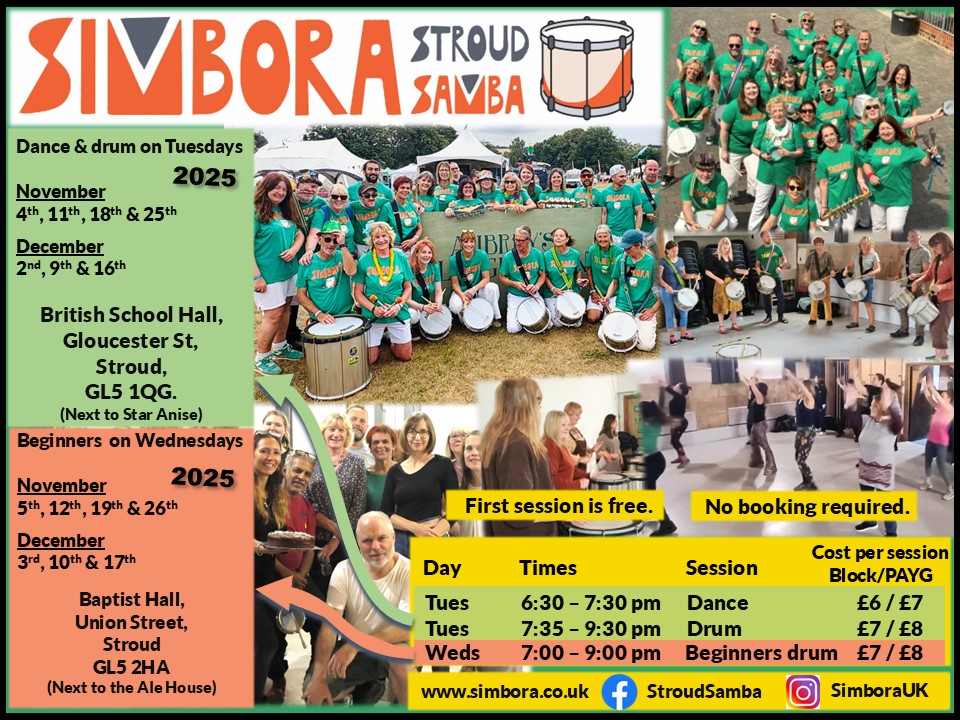 Poster showing dance and drum dates for Simbora samba in Stroud, Gloucestershire.