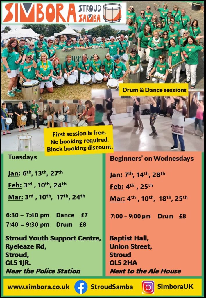 Dates for samba drum and dance sessions in Stroud.