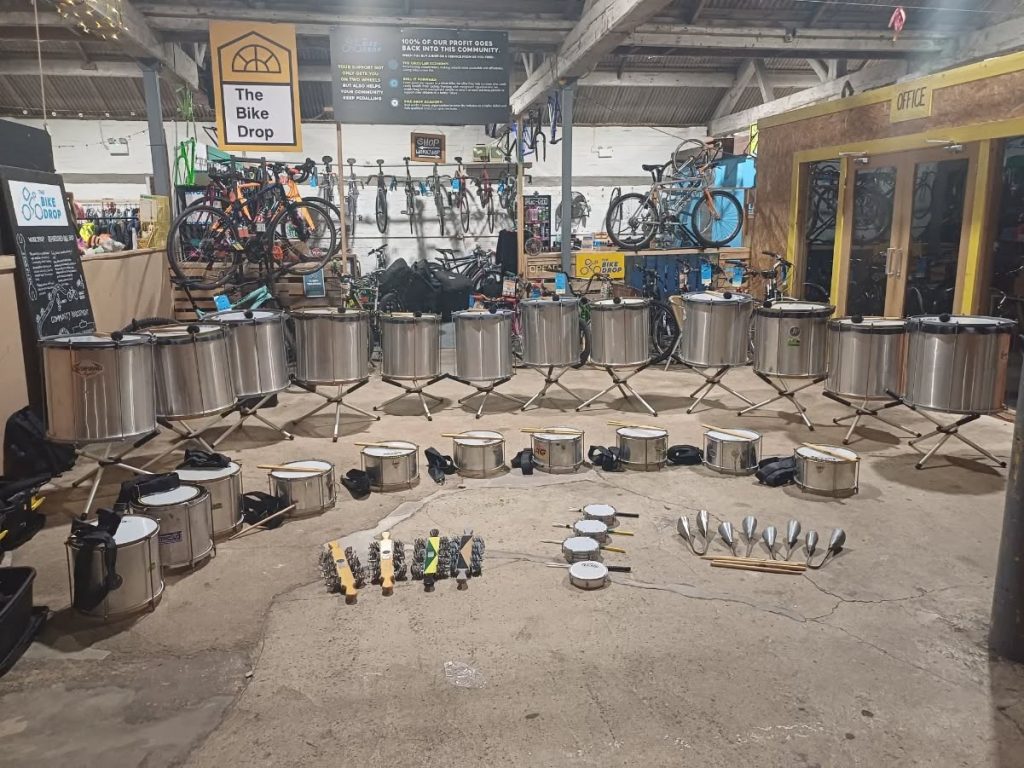 Samba drums arranged for a drumming workshop.